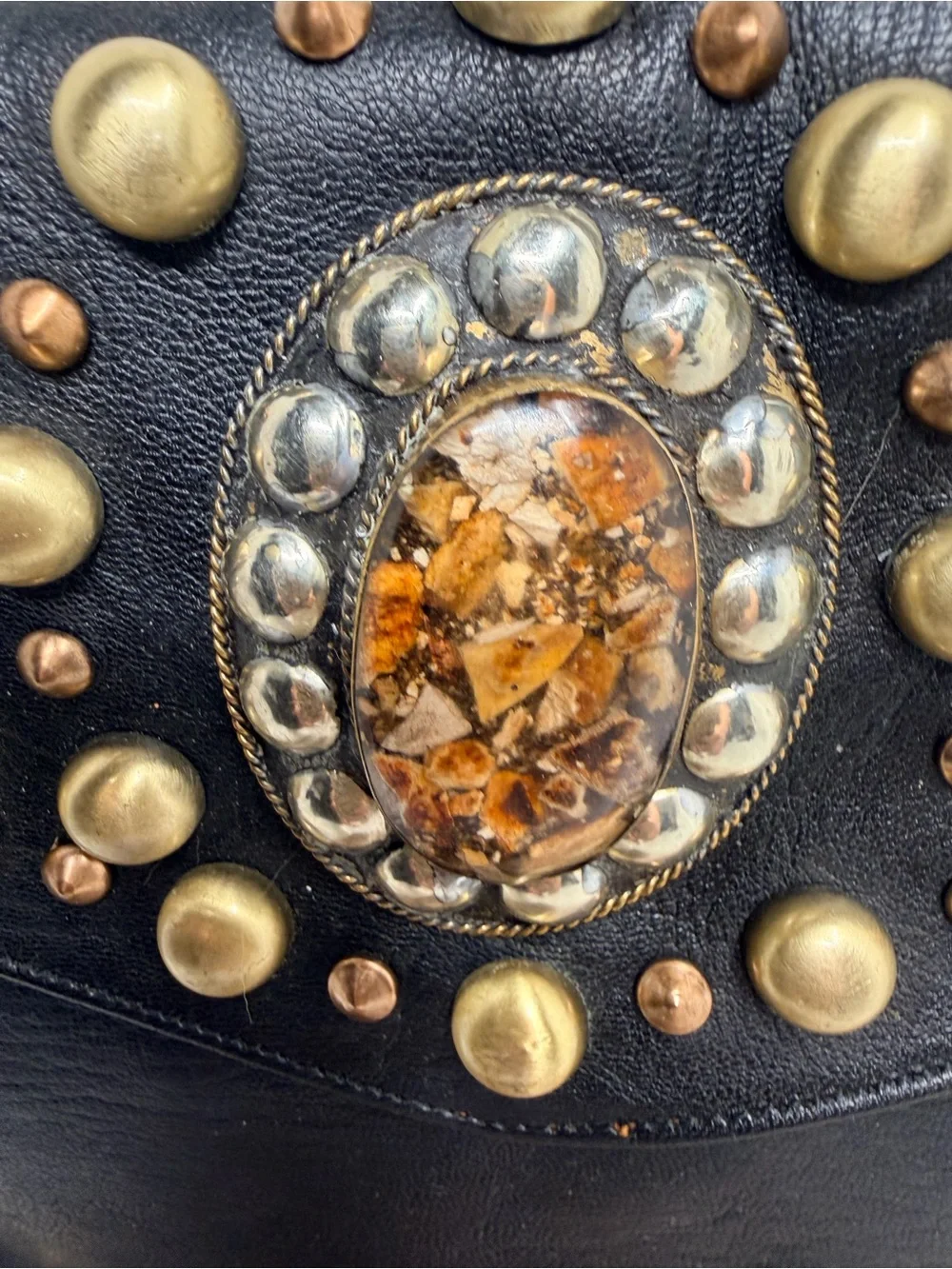 Black Studded Leather Wristlet Clutch with Decorative Centerpiece